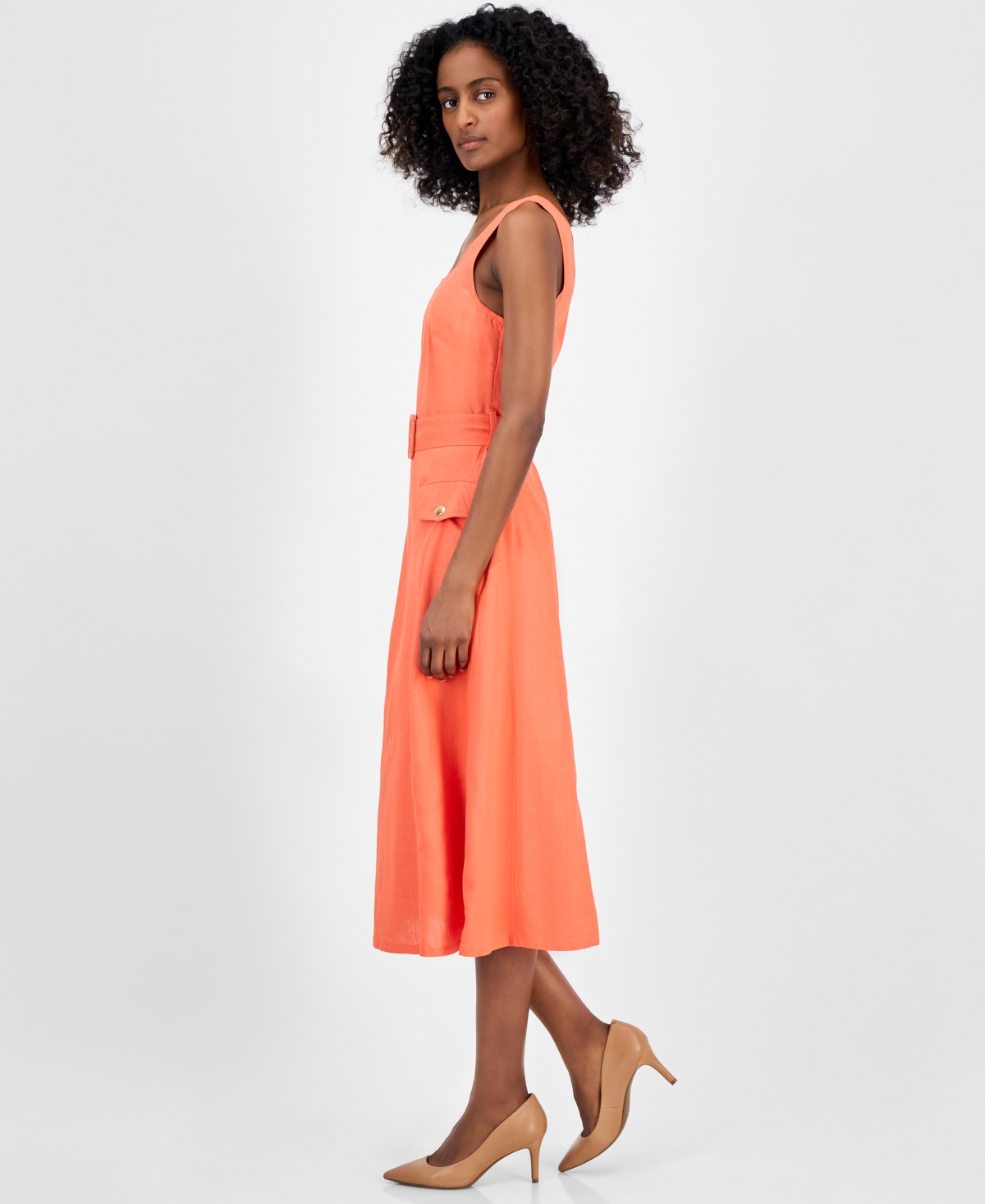 Tahari Asl Women's Sqaure-neck Belted Midi Dress