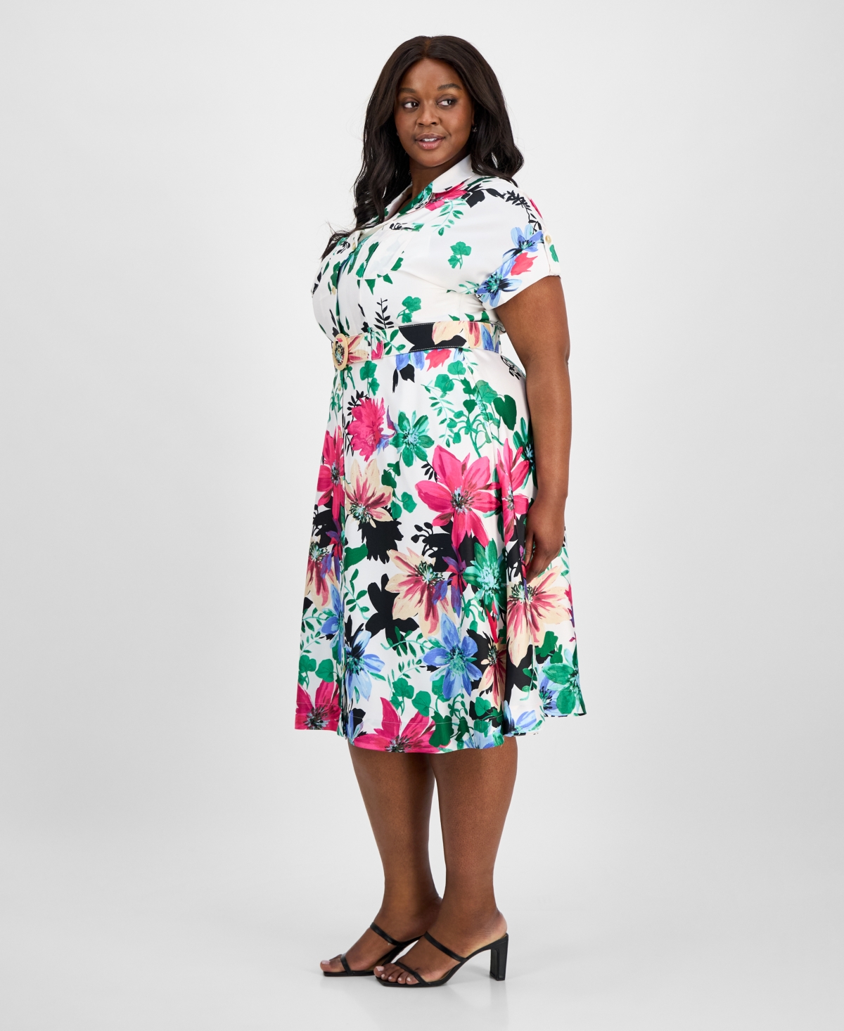 Tahari Asl Plus Size Printed Belted Midi Shirtdress