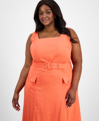 Plus Size Square-Neck Belted Midi Dress