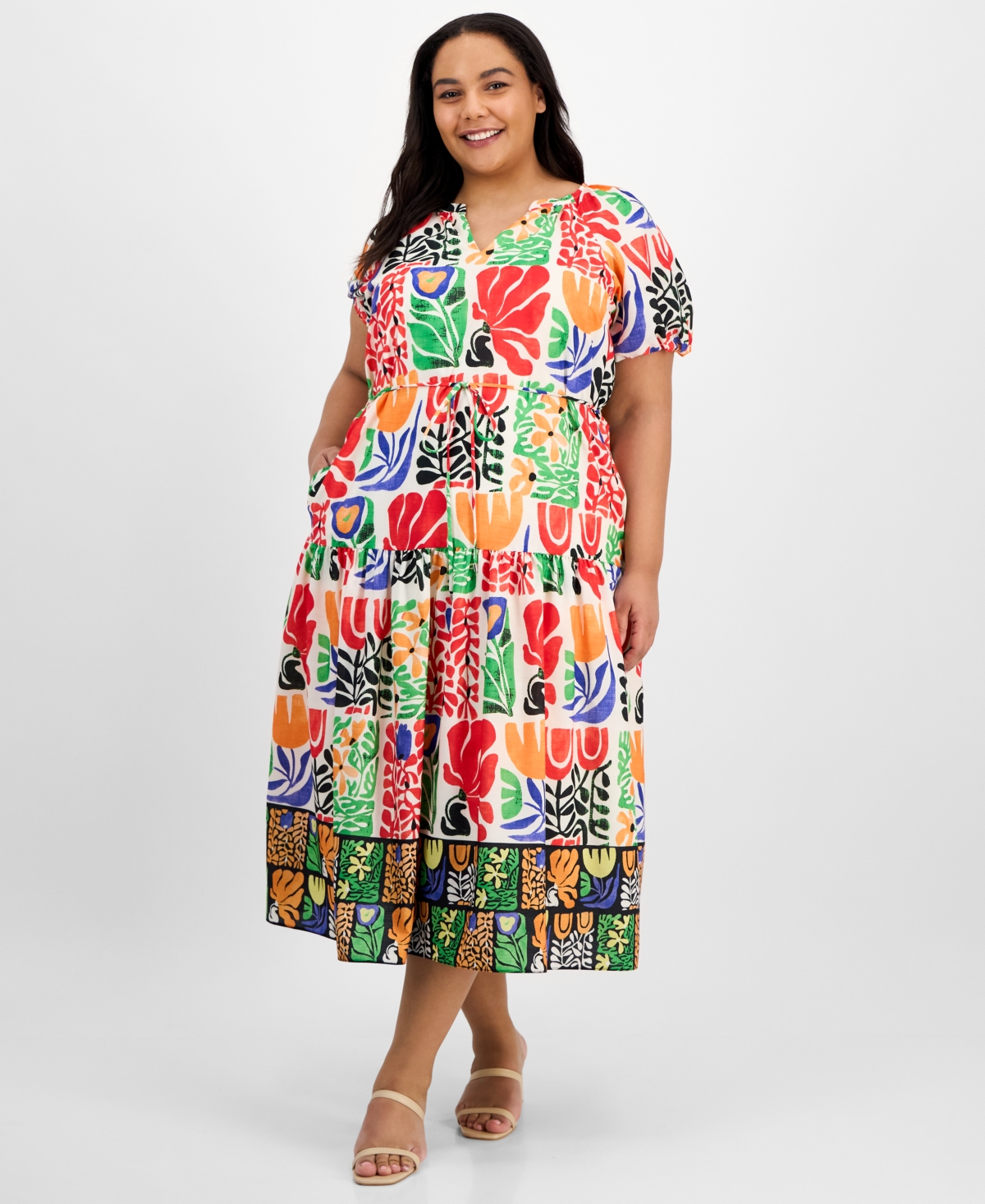 Plus Size Puff-Sleeve Printed Midi Dress - Ivory/Multi