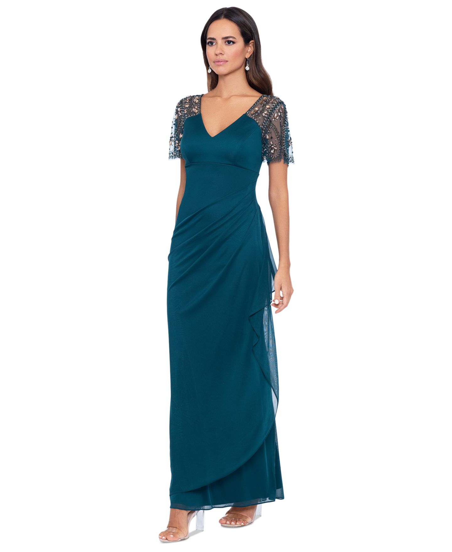 Женские платья XSCAPE Beaded-Sleeve Gown, цвет: Изумрудный — фото 2