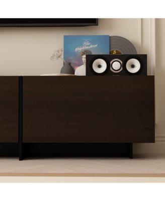 Flip-down 3-door TV stand, black wood media console, multi-purpose entertainment center