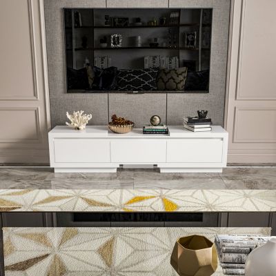 TV stand with two doors and one drawer, media console with six fixed shelves, entertainment center in white wood