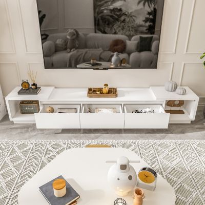 TV stand with two doors and one drawer, media console with six fixed shelves, entertainment center in white wood