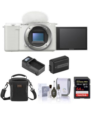 Sony ZV-E10 APS-C Mirrorless Interchangeable Lens Vlogging Camera, White - Bundle with 64GB SD Card, Shoulder Bag, Extra Battery, Charger,