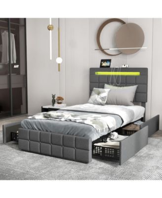 Upholstered LED Bed Frame with Headboard and 4 Drawers-Twin Size