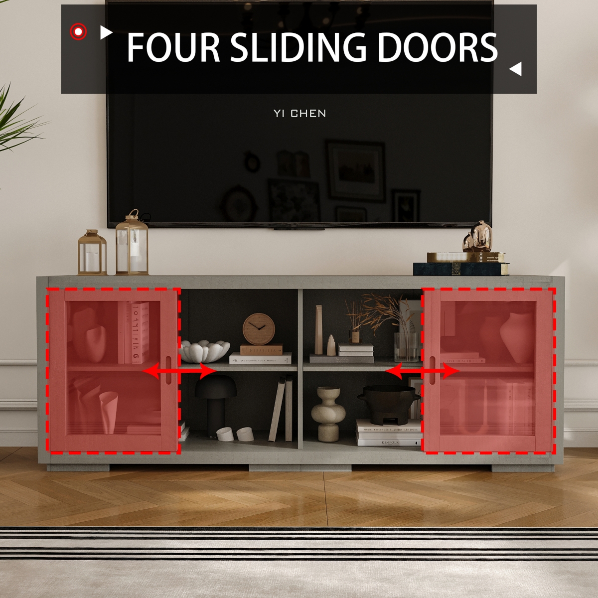Solid Wood Tv Stand with 4 Sliding Tempered Glass Doors,Media Console