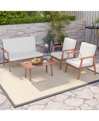 4 PCS Patio Conversation Set Acacia Wood Sofa Coffee Table with Cushioned Seat