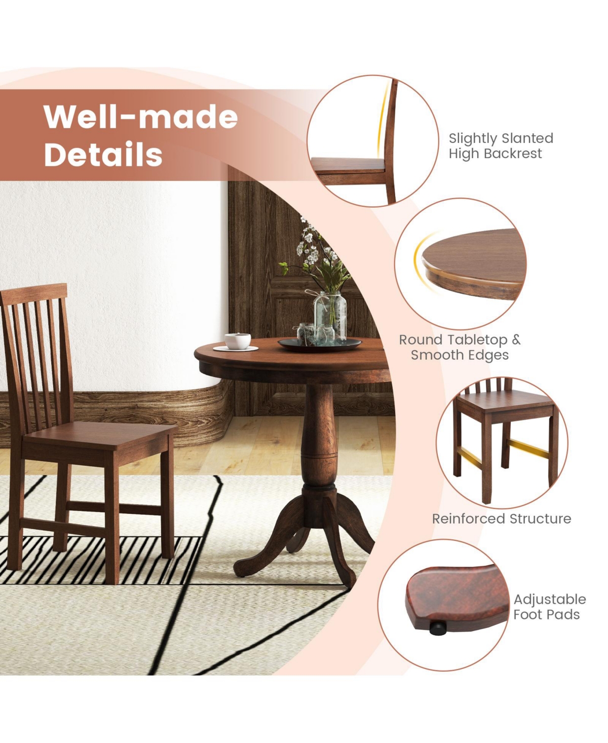 3 Pieces Wooden Dining Table and Chair Set for Cafe Kitchen Living Room