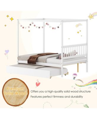 Full Size Canopy Bed with Trundle Wooden Platform Bed Frame Headboard