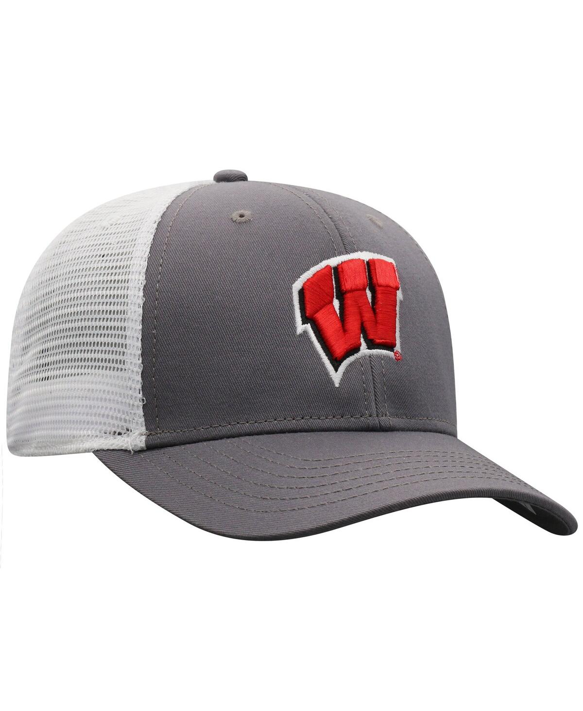 Top Of The World Men's Gray/white Wisconsin Badgers Victory Baseline Trucker Adjustable Hat In Gray,white
