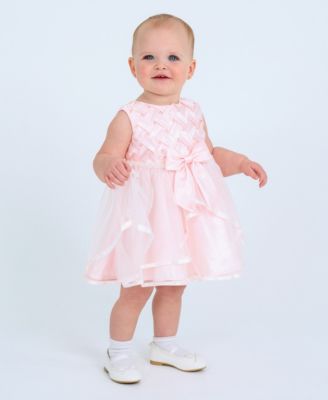 Baby Girls Basket Weave Social Dress with Two Tiered Ribbon Skirt