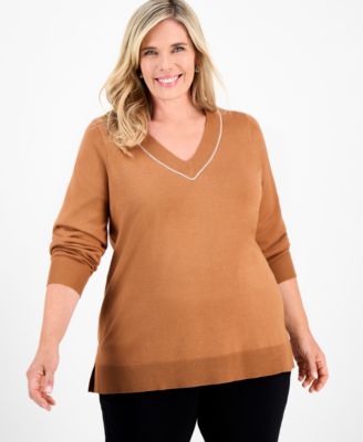 JM Collection - Plus Size Embellished V-Neck Sweater