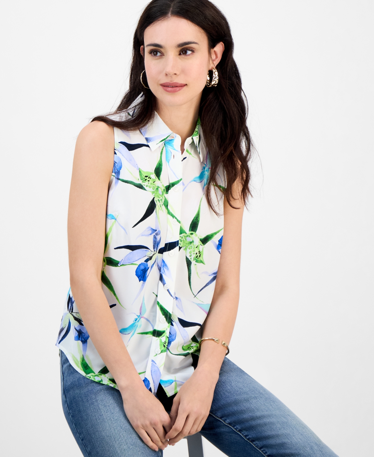 Inc International Concepts Petite Printed Button-front Top, Exclusively At Macy's