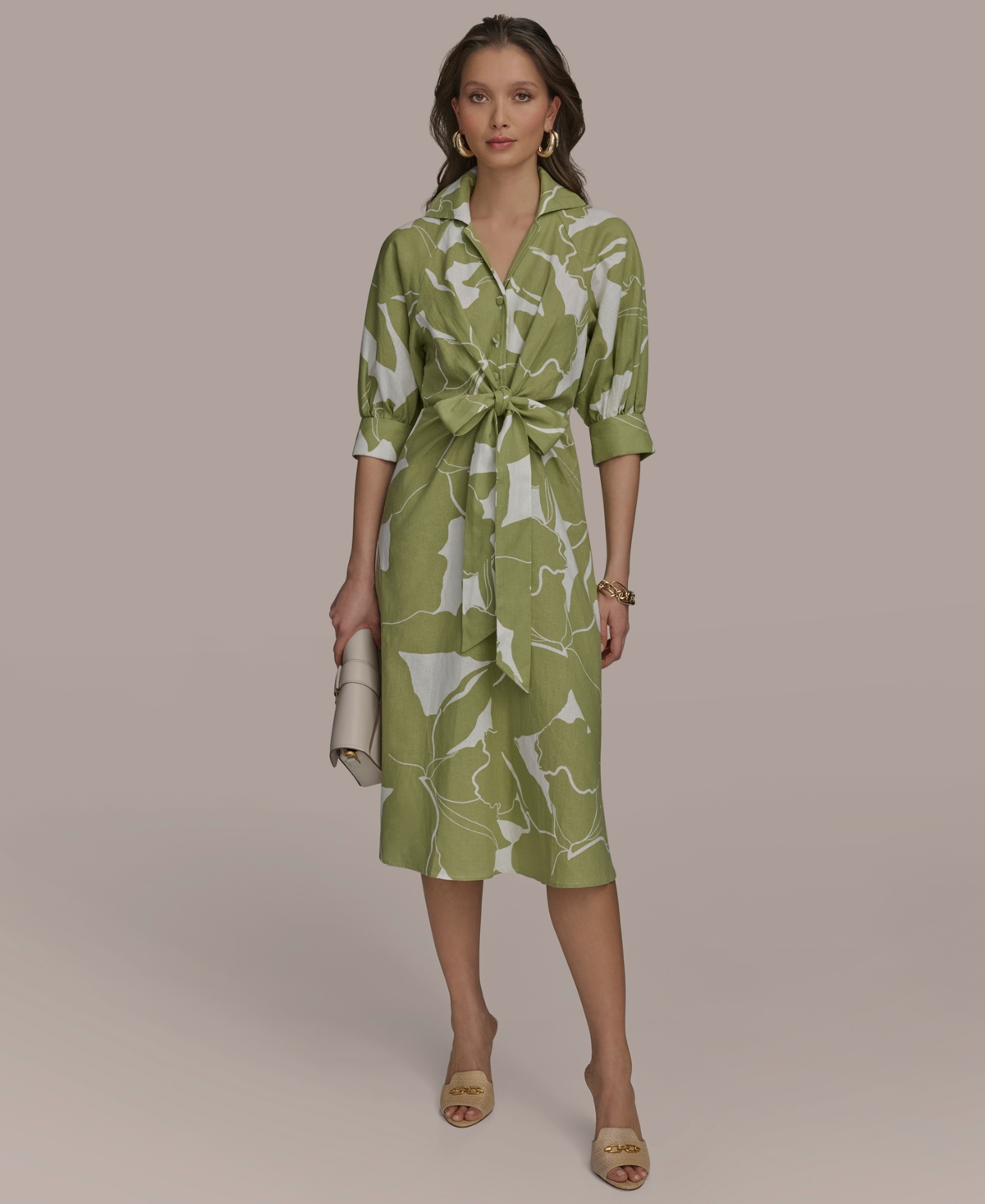 Women's Printed Tie-Front A-Line Linen Dress - Kiwi Cream