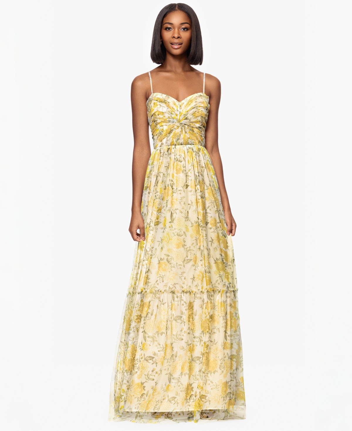 Juniors' Glitter Floral Sweetheart-Neck Gown - Yellow Multi