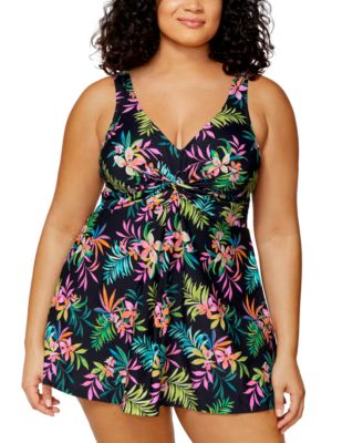 Island Escape Plus Size Magnolia Twist-Front Underwire Swim Dress, Exclusively at Macys