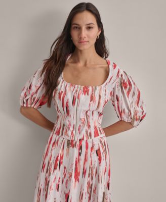 DKNY - Women's Printed Woven Zip Puff-Sleeve Top