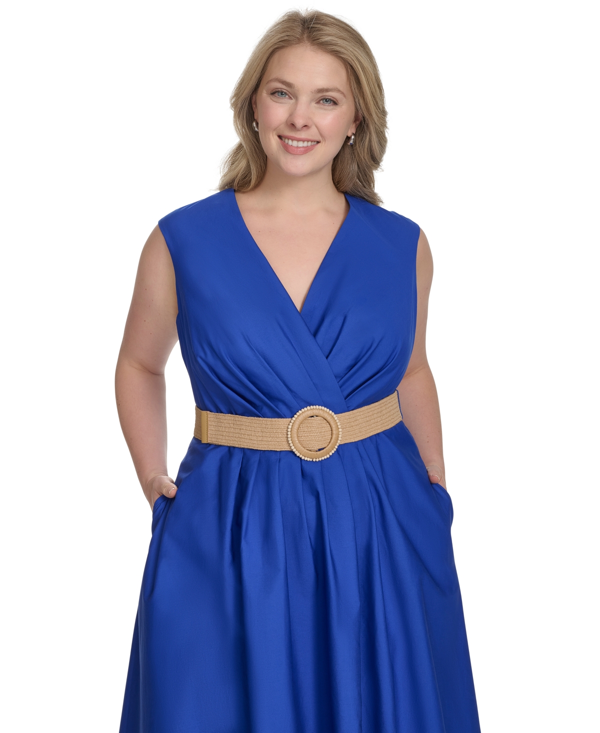 Jessica Howard Plus Size Belted Sleeveless V-neck Midi Dress In Blue