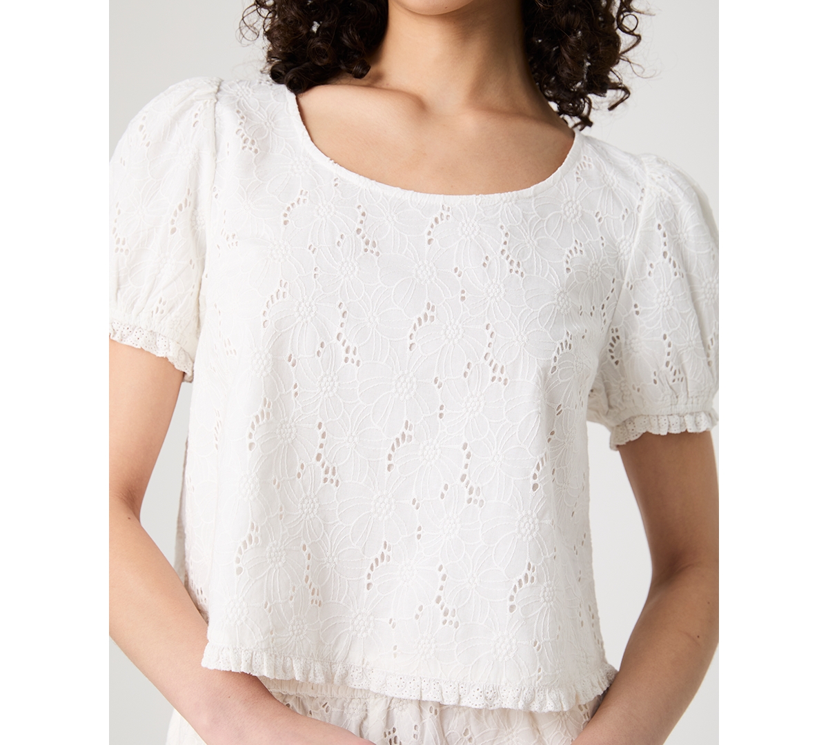 French Connection Eyelet Puff Sleeve Cotton Top In Summer White