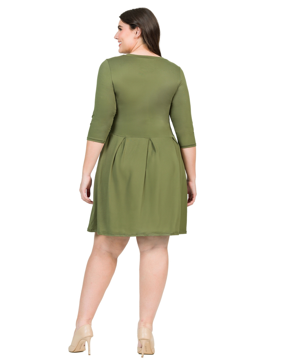 24seven Comfort Apparel Plus Size Fit And Flare Elbow Sleeves Dress In Olive
