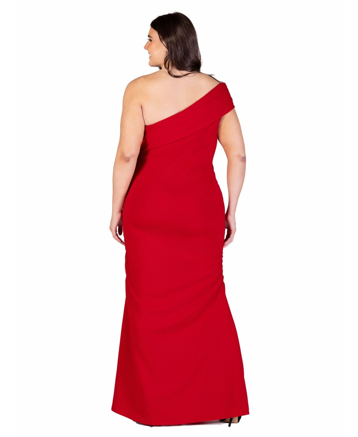 24seven Comfort Apparel Plus Size Formal One Shoulder Rouched Mermaid Maxi Dress In Ruby