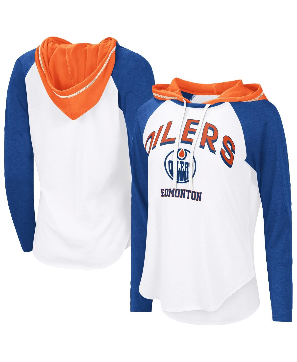 Women's White/Blue Edmonton Oilers Vip Raglan Long Sleeve Hoodie T-Shirt - White, Blue