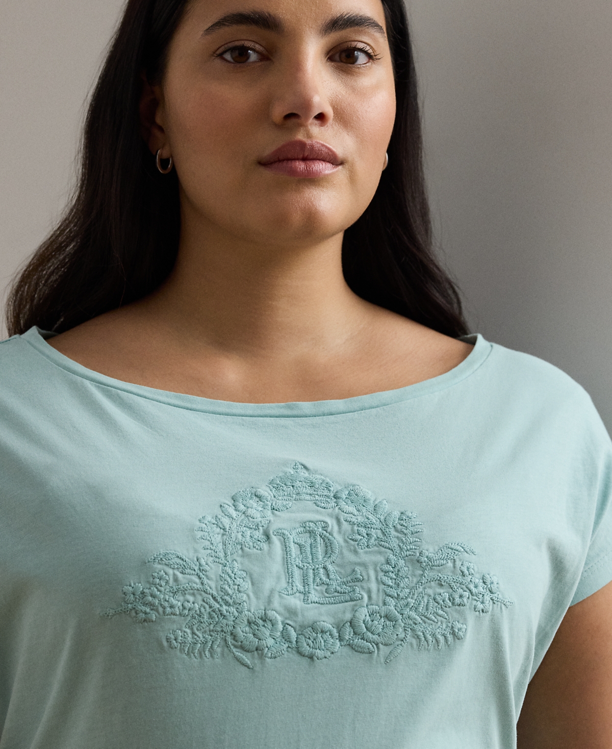 RALPH LAUREN PLUS SIZE BEADED-LOGO COTTON JERSEY TEE 