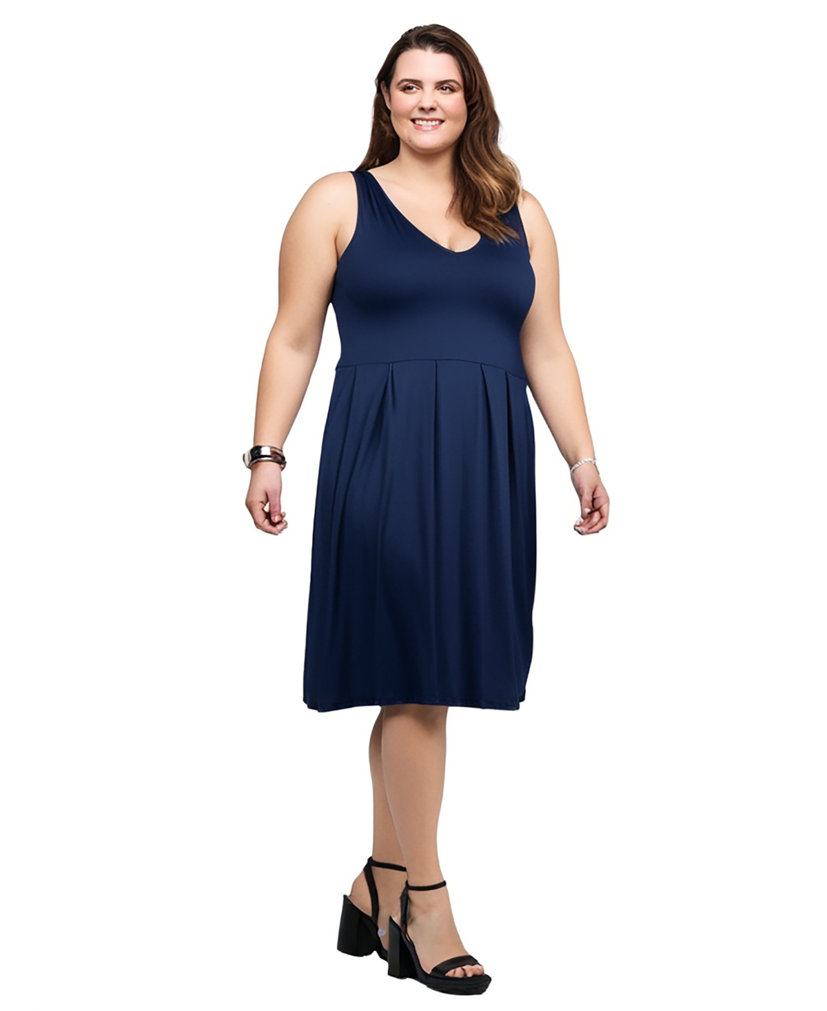 24seven Comfort Apparel Plus Size Sleeveless Midi Fit And Flare Pocket Dress In Navy