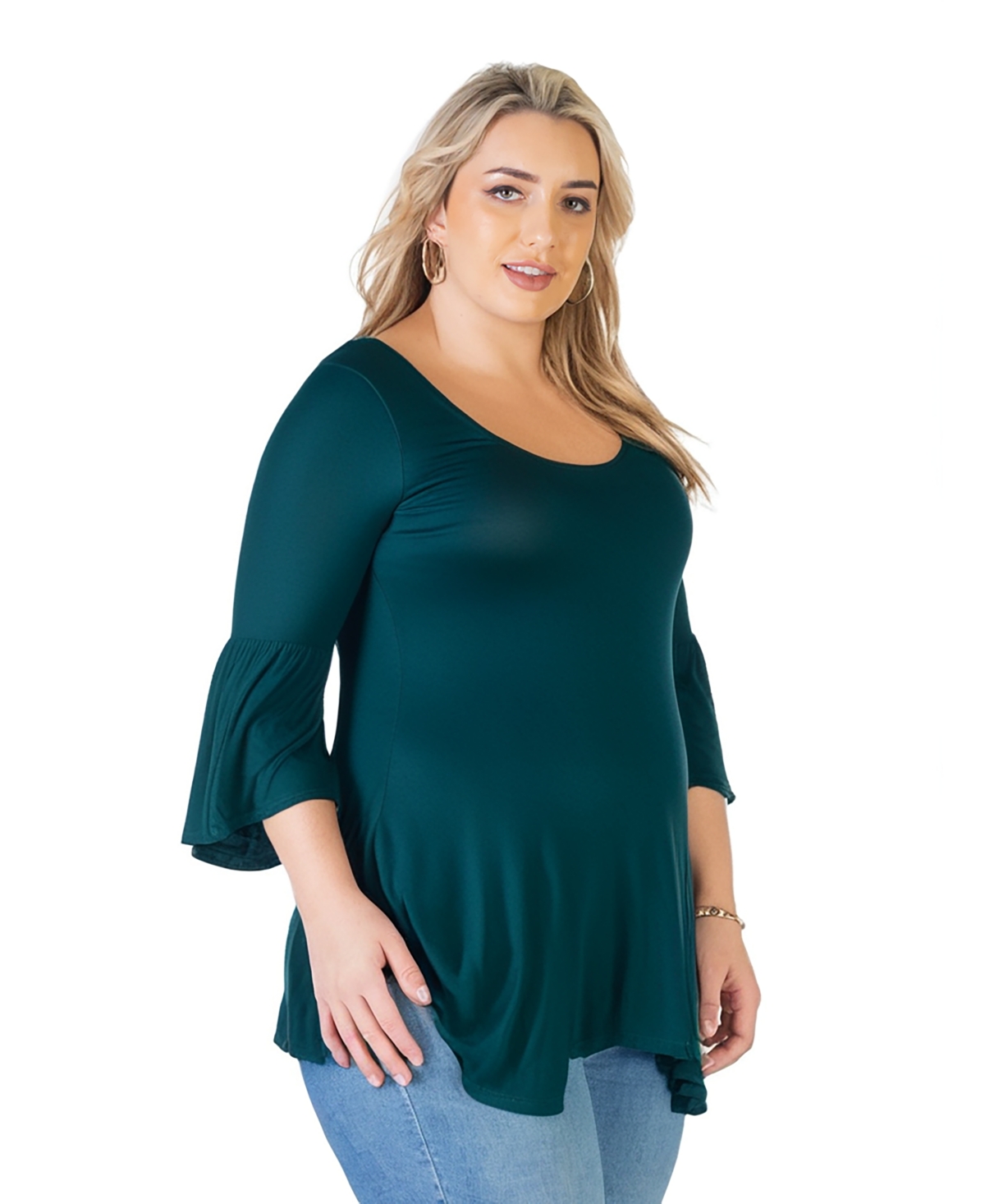 24SEVEN COMFORT APPAREL PLUS SIZE LONG BELL SLEEVE FLARED TUNIC TOP 
