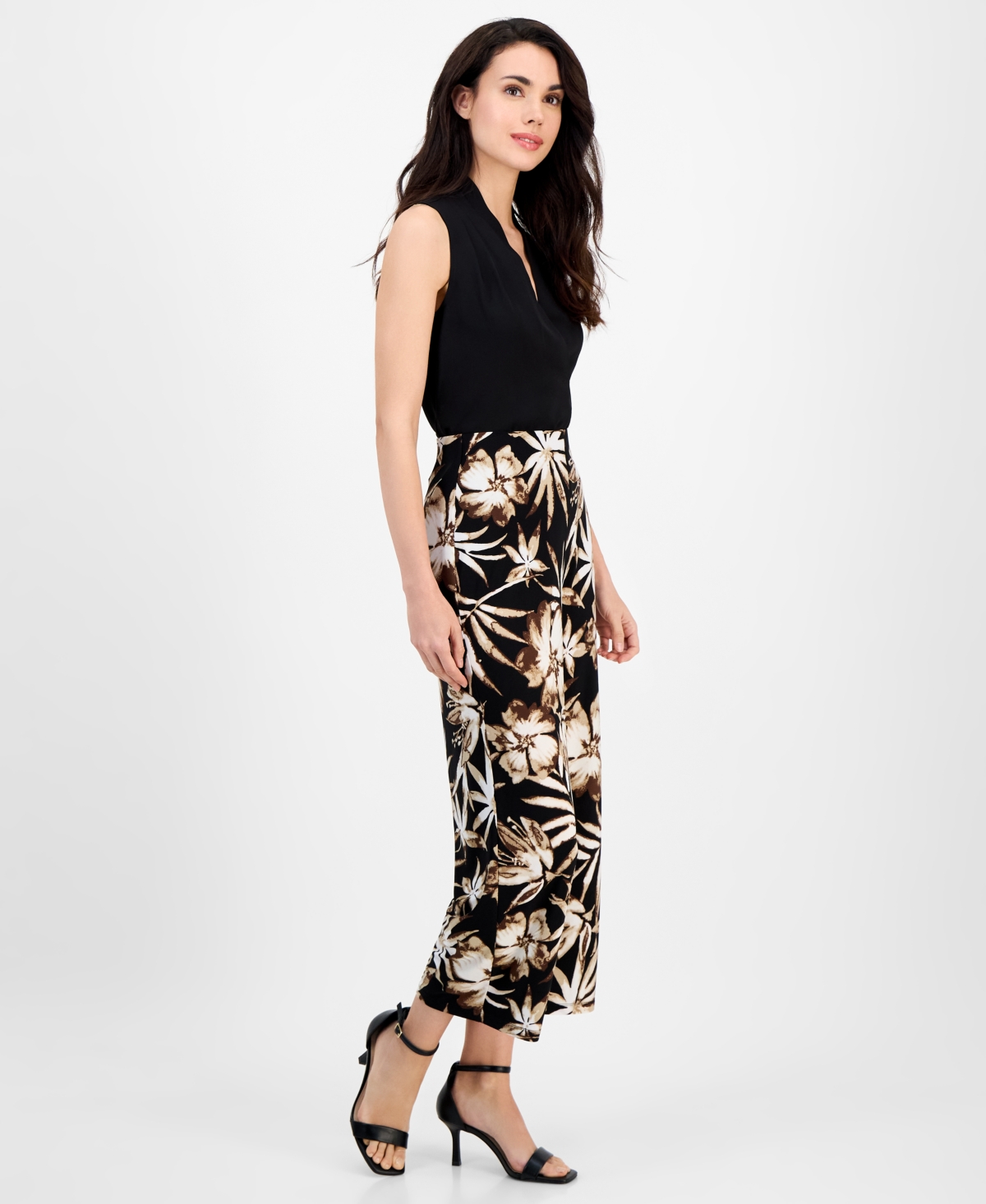 Ak Anne Klein Petite Floral-print Cropped Pull-on Pants