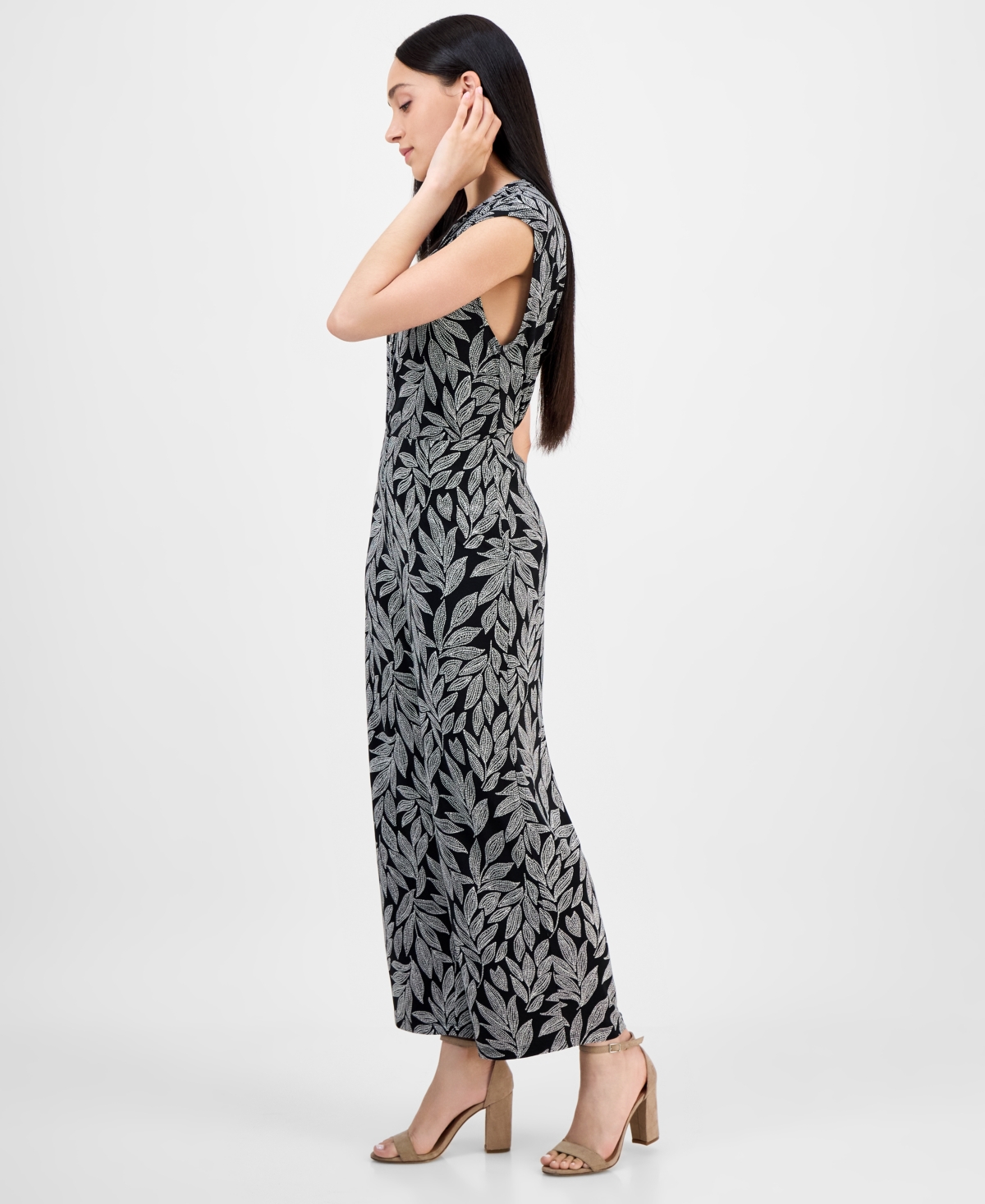 Shop Ak Anne Klein Petite Leaf-print Cropped Wide-leg Pull-on Pants
