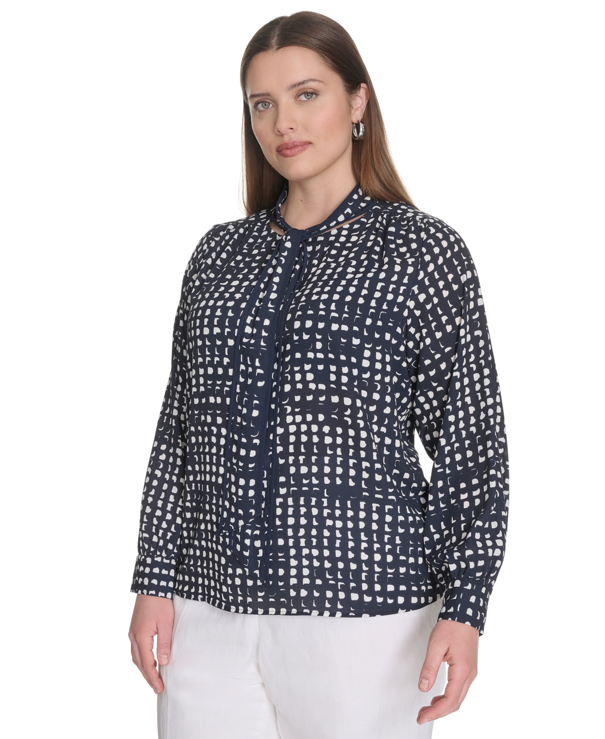 Calvin Klein Plus Size Printed Tie-neck Long-sleeve Blouse