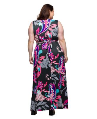 Plus Size Print V-Neck Empire Waist Sleeveless Maxi Dress