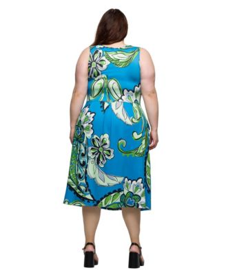 Plus Size Midi Length Print Sleeveless Pleated Pocket Dress