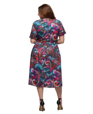Plus Size Print Short Sleeve Tie Waist Midi Dress