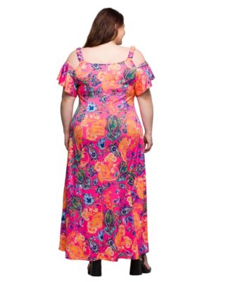 Plus Size Cold Shoulder Ruffle Sleeve A-Line Maxi Dress
