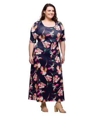 Plus Size Print Elbow Sleeve Casual A-Line Maxi Dress