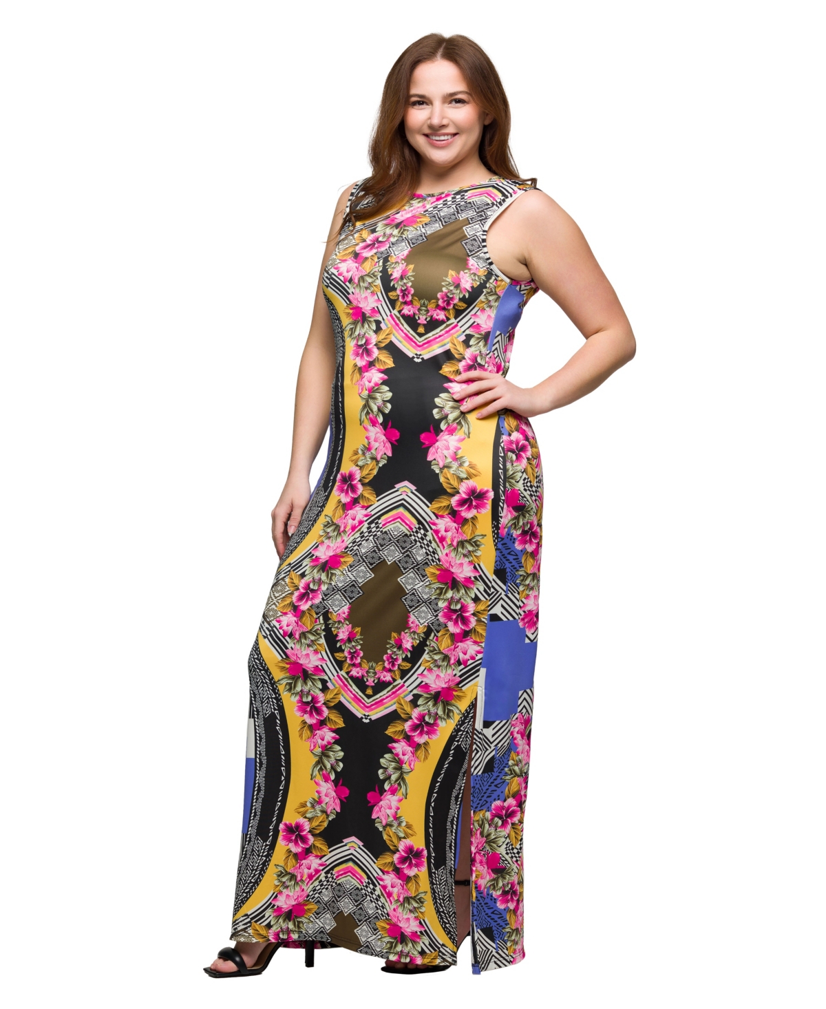 24seven Comfort Apparel Plus Size Print Sleeveless Side Slit Maxi Dress In Pink Multi