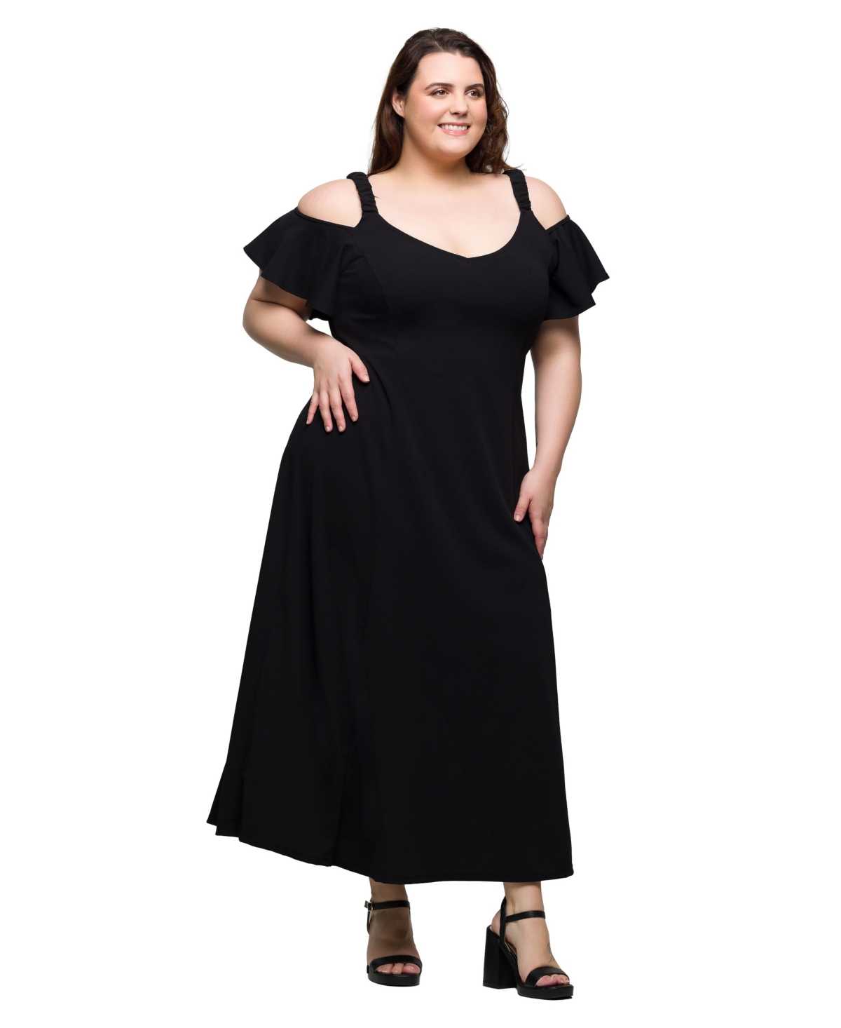 24SEVEN COMFORT APPAREL PLUS SIZE COLD SHOULDER RUFFLE SLEEVE A-LINE MAXI DRESS 