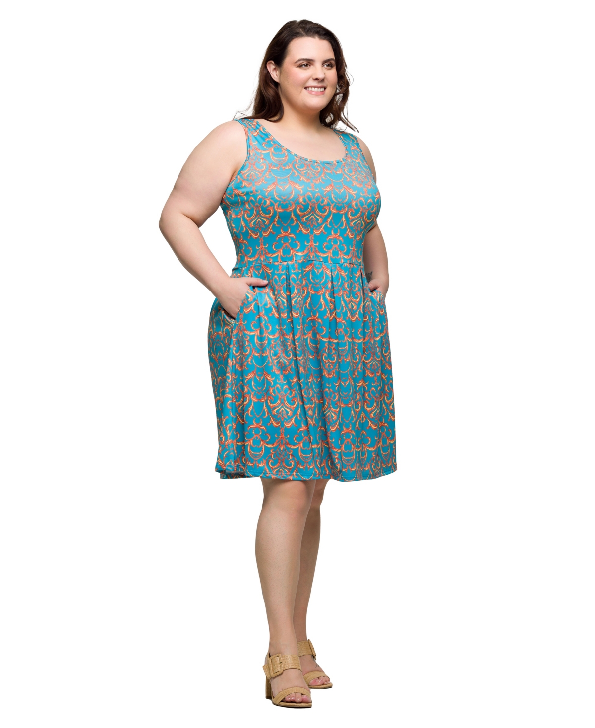 24seven Comfort Apparel Plus Size Sleeveless Pleated Knee Length Pocket Dress In Multi