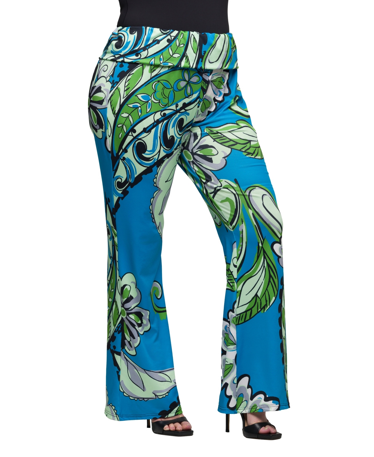 24SEVEN COMFORT APPAREL PLUS SIZE PRINT BELL BOTTOM FOLD OVER WAIST PANTS 