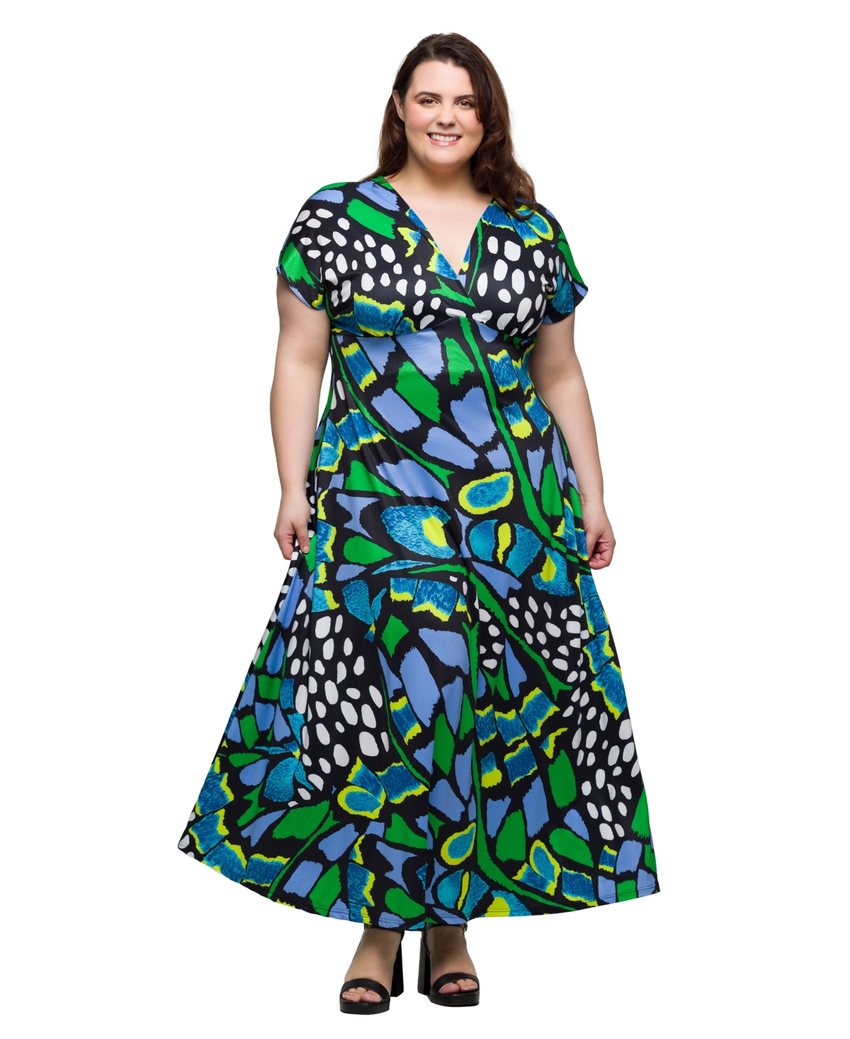 Plus Size V-Neck Empire Waist Cap Sleeve Maxi Dress - Green Multi