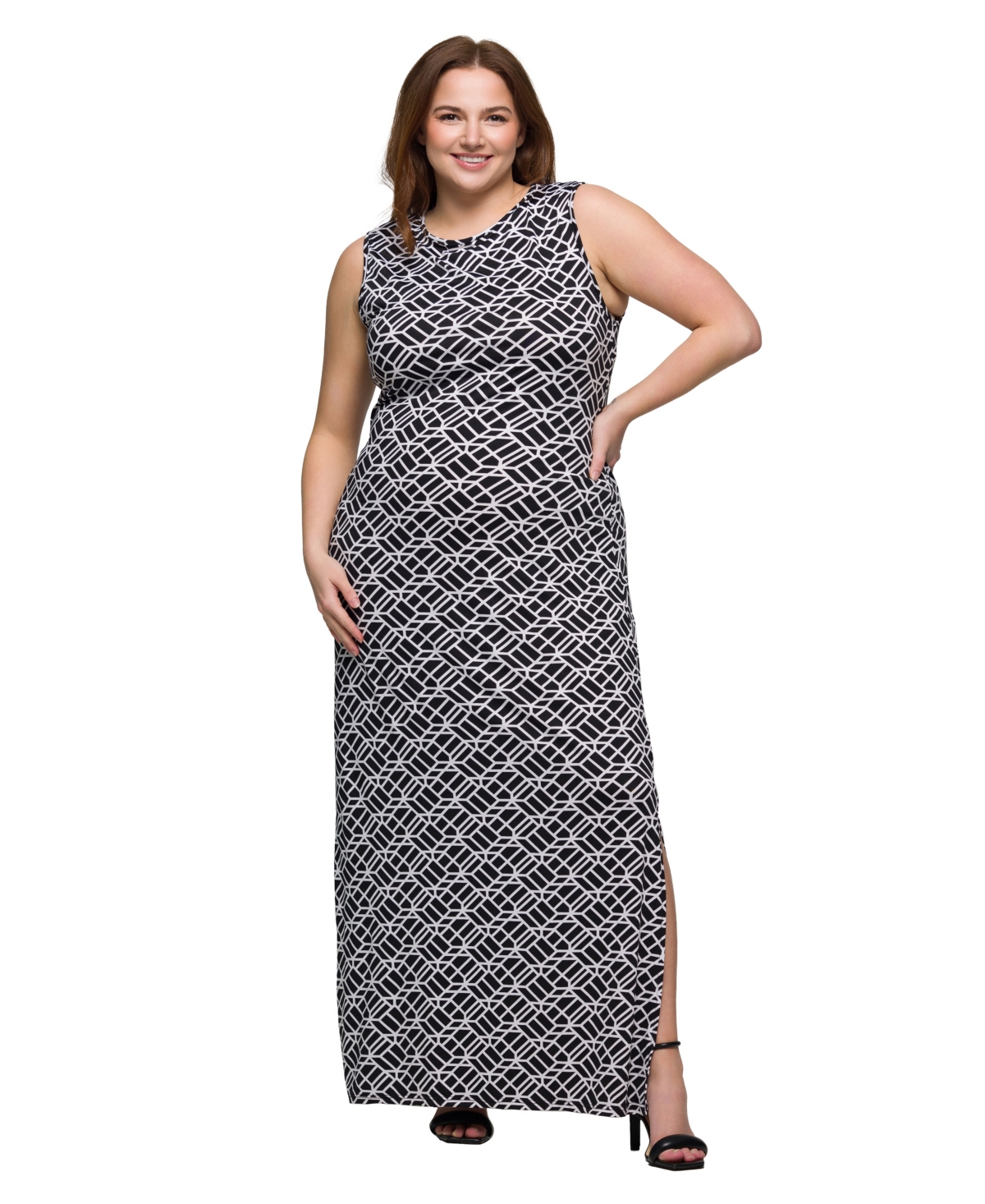 24seven Comfort Apparel Plus Size Print Sleeveless Side Slit Maxi Dress In Black Multi