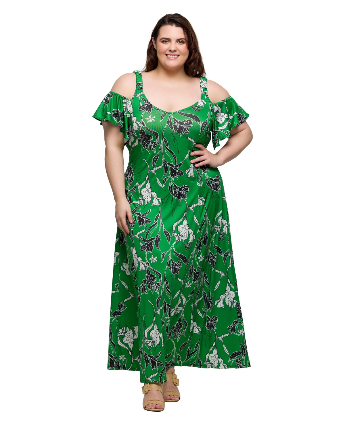 Plus Size Cold Shoulder Ruffle Sleeve A-Line Maxi Dress - Green Multi