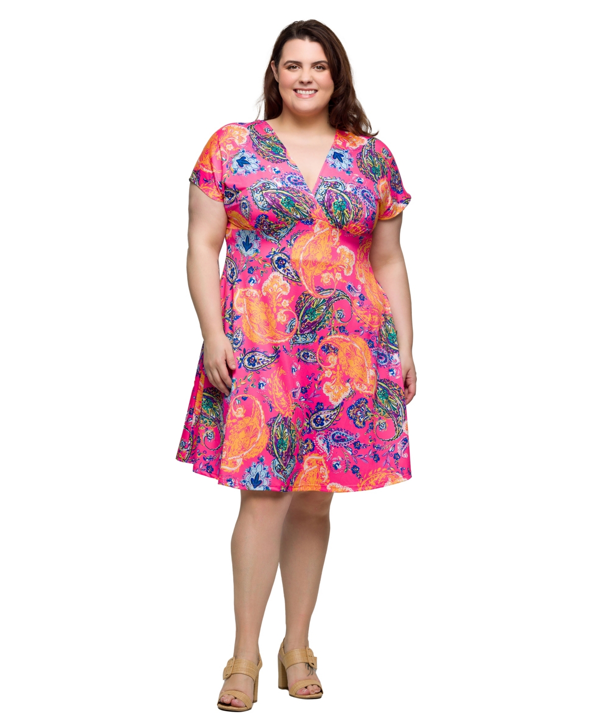 Plus Size V-Neck Empire Waist Knee Length Dress - Pink Multi