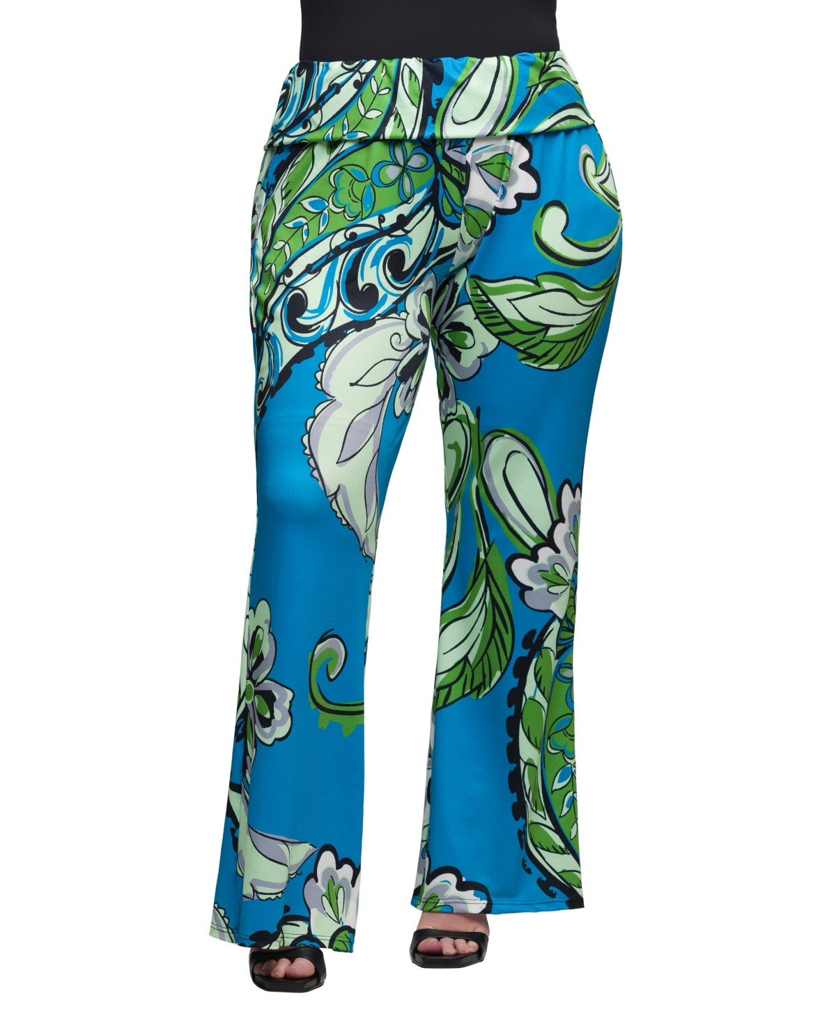 24SEVEN COMFORT APPAREL PLUS SIZE PRINT BELL BOTTOM FOLD OVER WAIST PANTS 