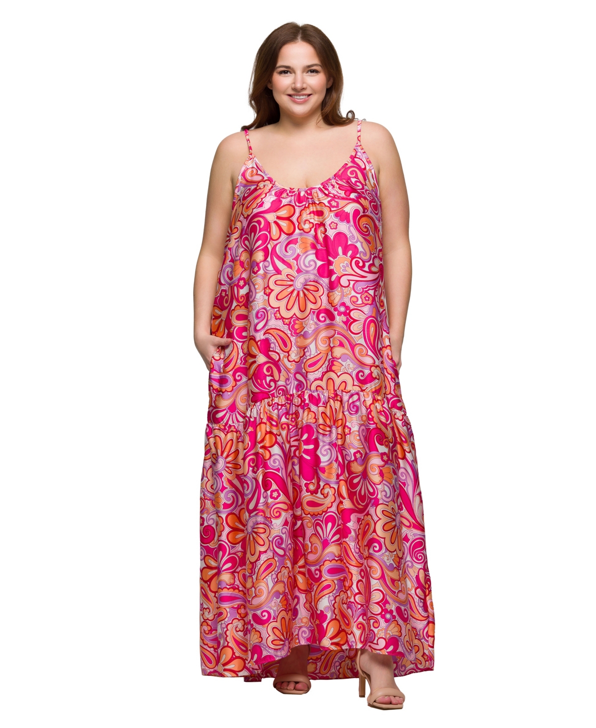Plus Size Print Lightweight Spaghetti Strap Pocket Maxi Dress - Pink Multi