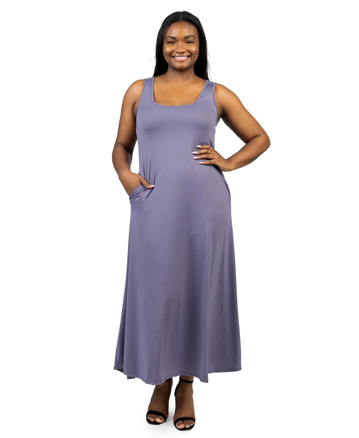 24seven Comfort Apparel Maternity Scoop Neck Sleeveless Maxi Dress With Pockets In Mauve