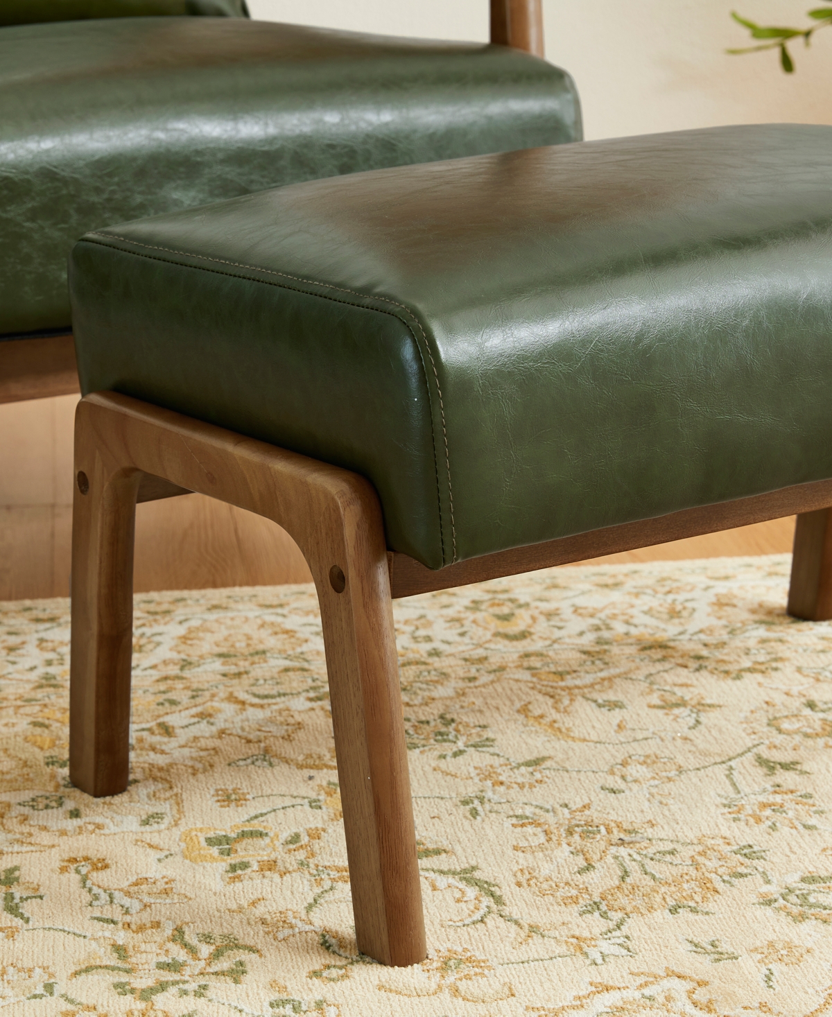 Glitzhome Set Of 2 Leatherette Mid-century Modern Hunter Accent Stool And Chair In Green